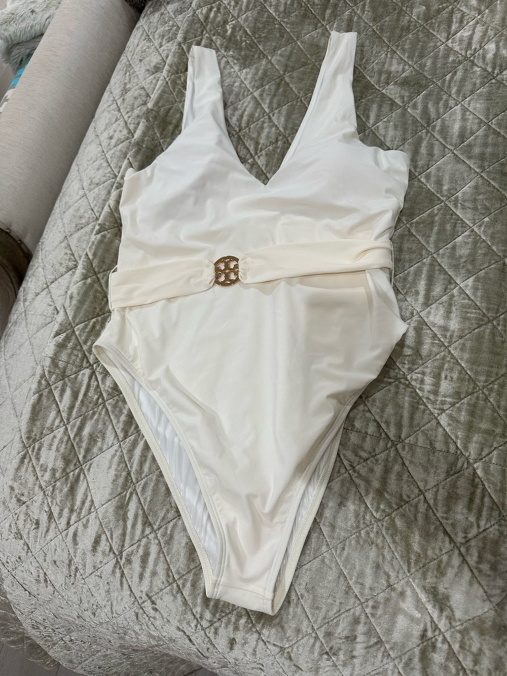 Tory Burch Cream One-Piece Swimsuit with Gold-Tone Logo Belt